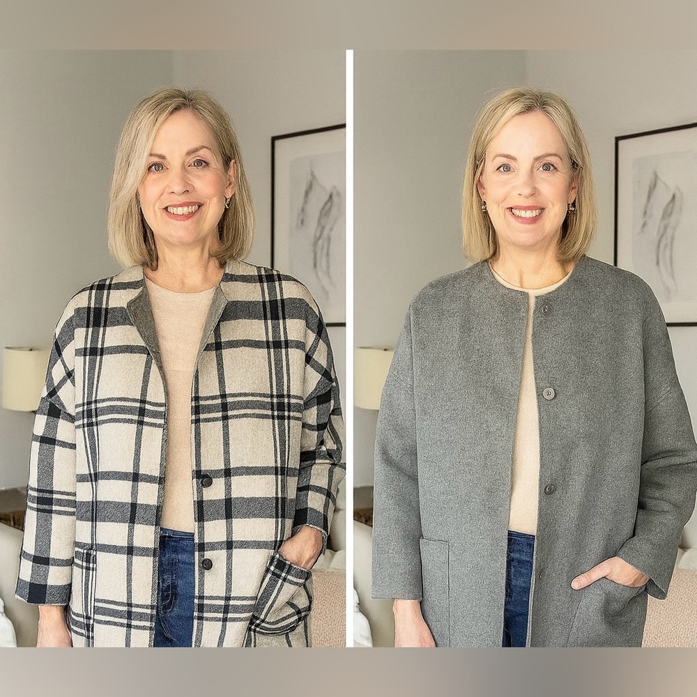 Rare MaxMara Weekend Reversible Checked Gray Black Cream Plaid Wool Coat Size S